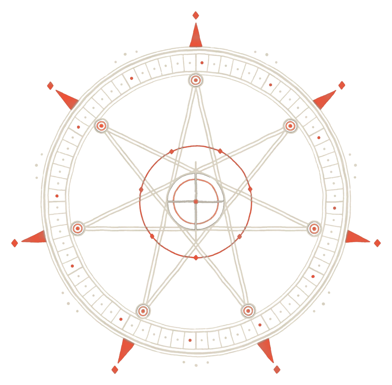 Sigillum: heptagramma in circulo septuaginta duarum cellularum cum septem radiis rubris